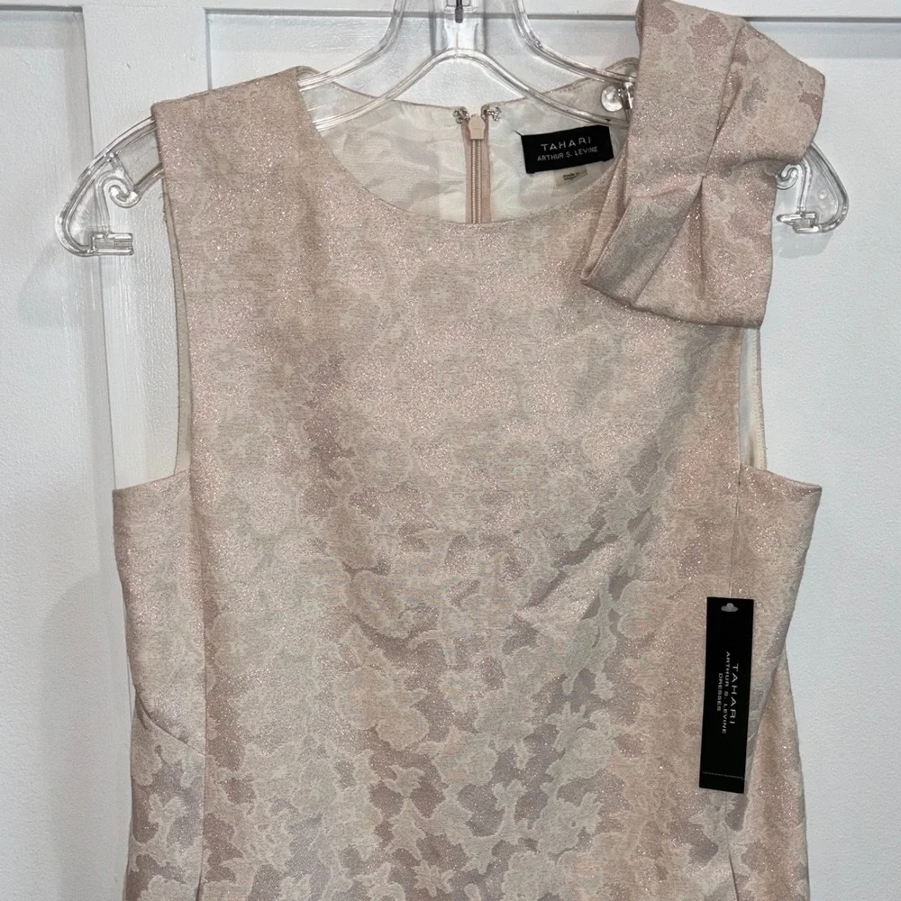 Tahari ASL Blush Jacquard Sheath Dress with Shoulder Bow - Picture 4 of 11